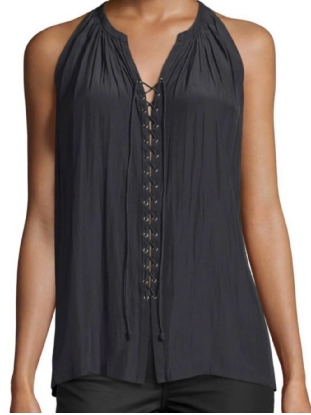 Ramy Brook Black Pleated Round-Neck sleeveless Blouse with grommet detail